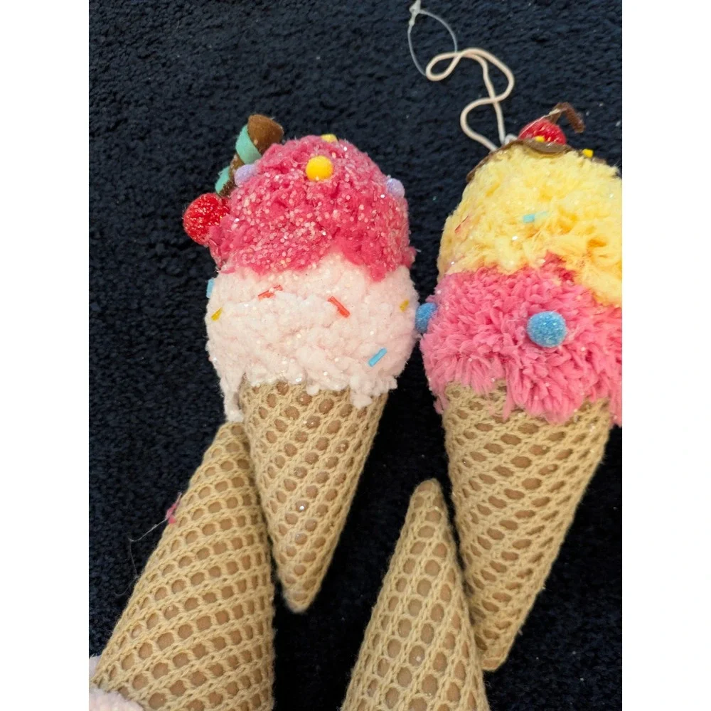 Lot of 13 Ice Cream Cone Christmas Ornaments Pink‎ Yellow Glitter Waffle Cone 7